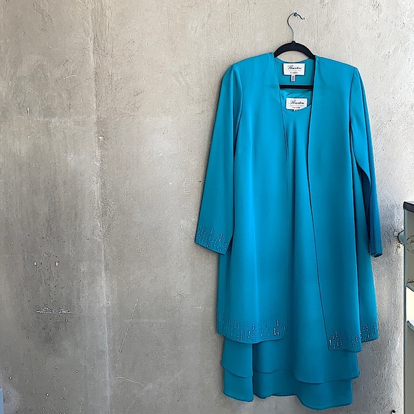 Turquoise Formal Dress with Long Blazer Vintage - Picture 1 of 7